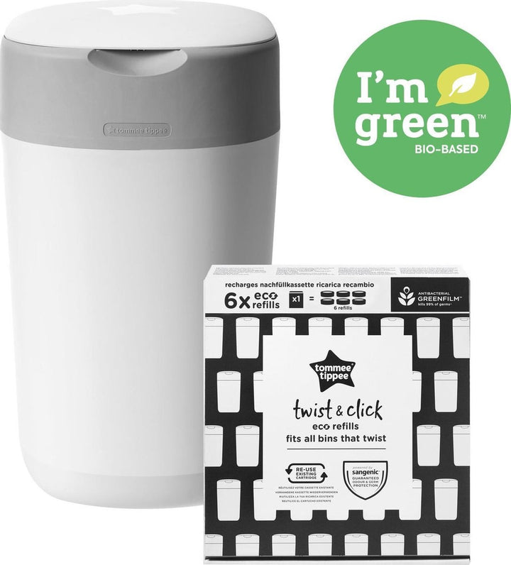 Tommee Tippee Sangenic Twist &amp; Click Starter Pack Windeleimer – Mit 6 Nachfüllpackungen ECO Compact – Verpackung beschädigt