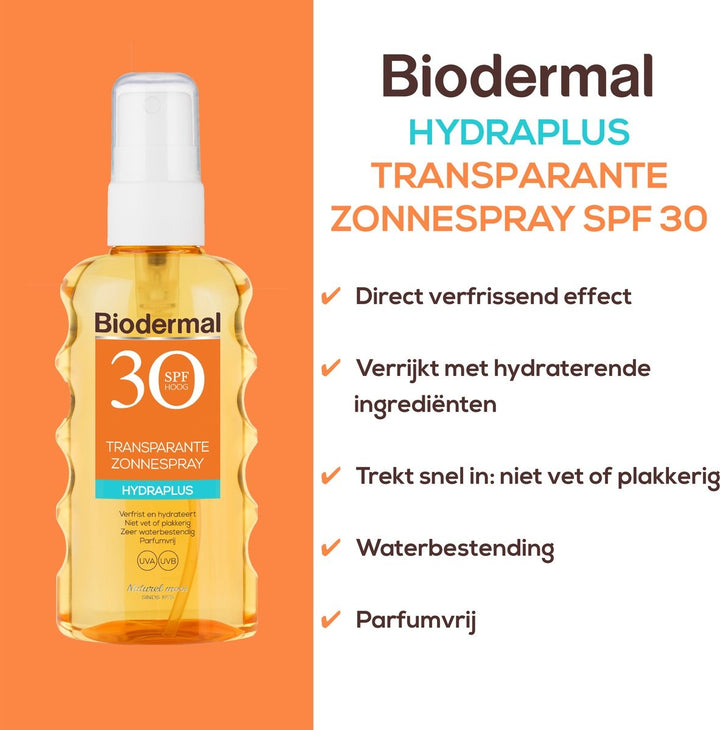 Biodermal zonnebrand - Hydraplus - Transparante Zonnebrand Spray SPF30 - 175ml - Verpakking beschadigd