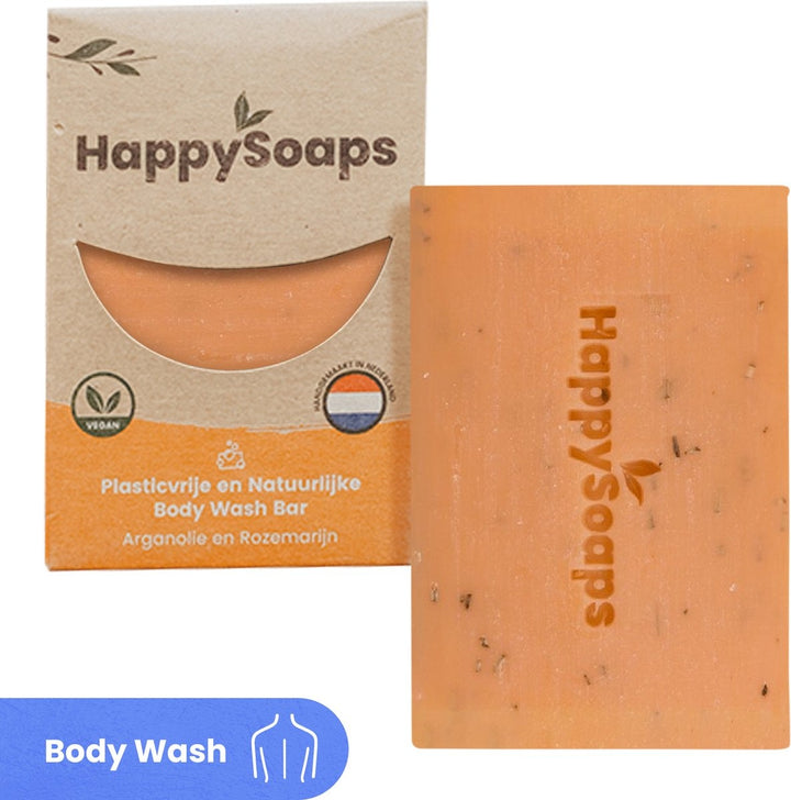 HappySoaps Körperwaschseife – Arganöl und Rosmarin – würzig und intensiv duftend – 100 % plastikfrei, vegan und tierfreundlich – 100 g