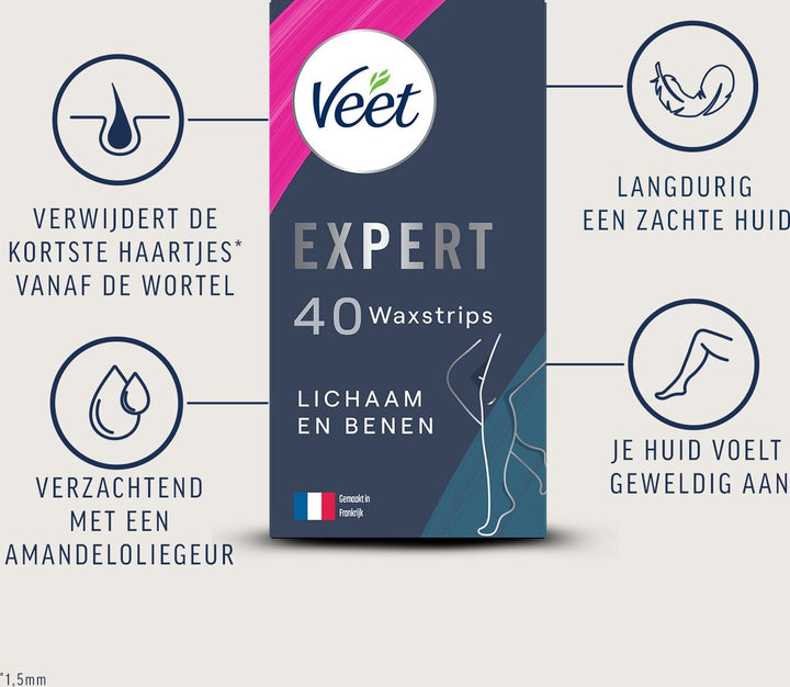 Veet Expert Haarentfernungsstreifen – Körper &amp; Beine – Empfindliche Haut – 40 Stück – Verpackung beschädigt