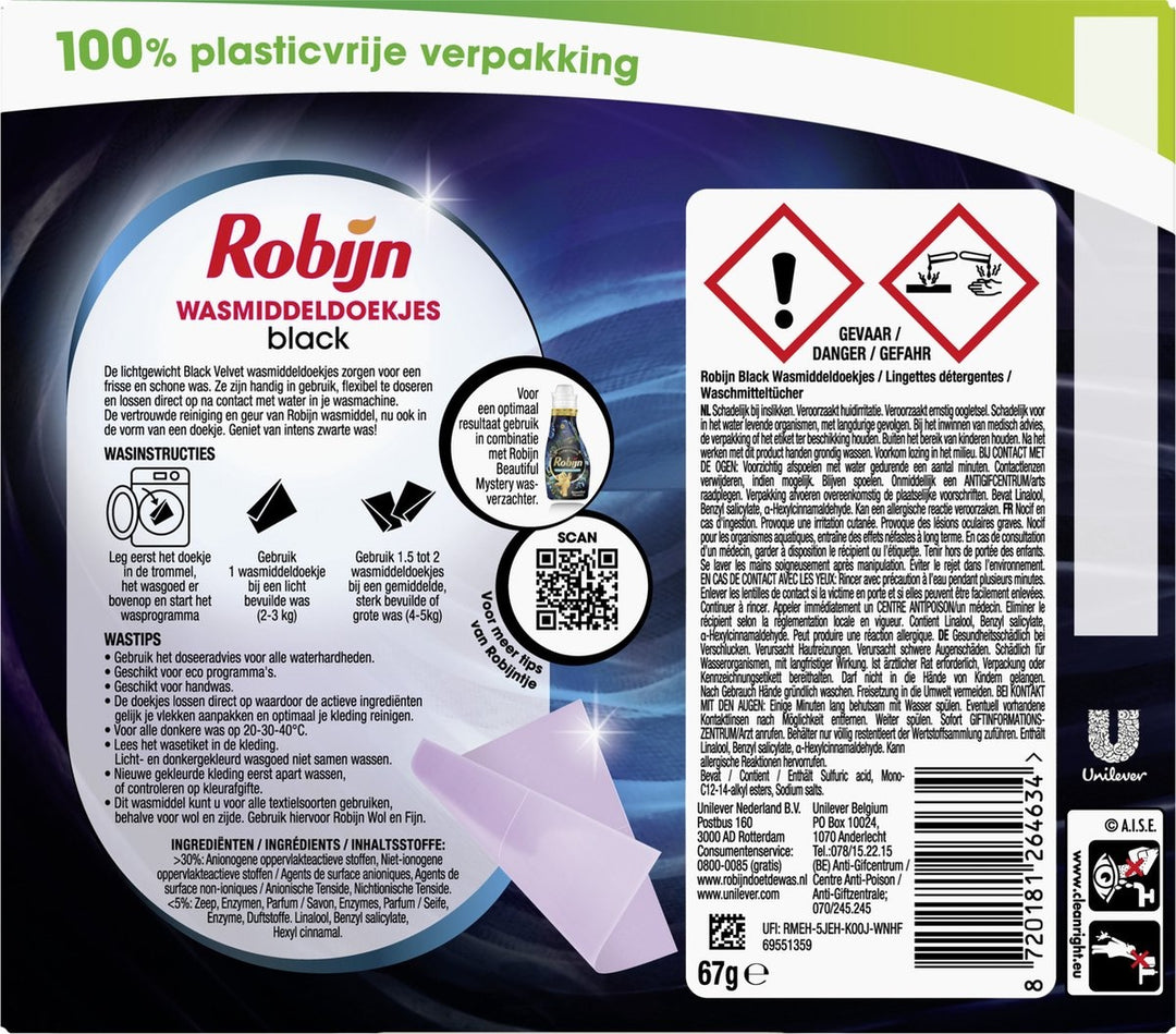 Robijn Classics Black Velvet Laundry Detergent Wipes 16 Washing Strips