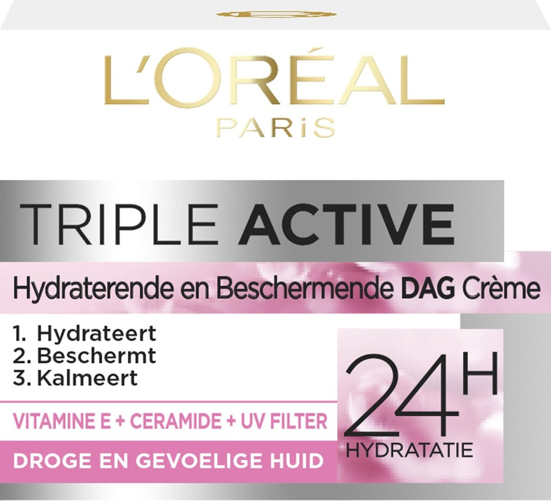 L'Oréal Paris Triple Active Hydraterende Dagcrème - Droge en Gevoelige huid 50ml - Verpakking beschadigd