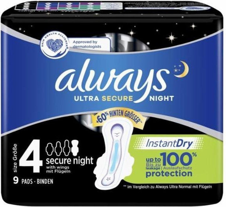 Always Ultra Secure Night Sanitary Pads with Wings - 9 pcs