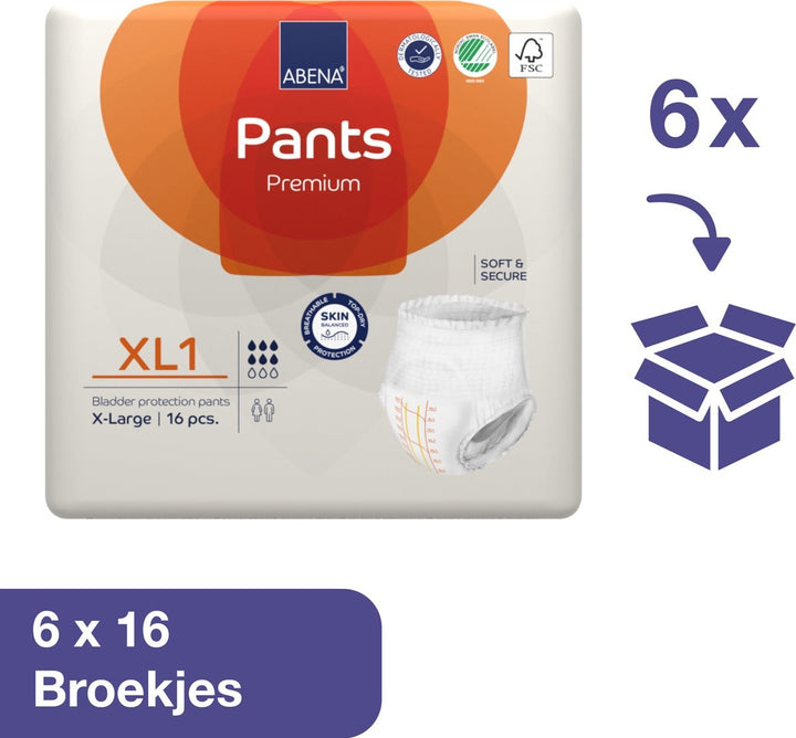 Abena Pants Premium XL1 - 96x Absorbent Panties, to be worn as normal underwear - For the loss of large amounts of urine and (thin) stool - Hip circumference 130-170 cm - Absorption 1400 ml - Packaging damaged