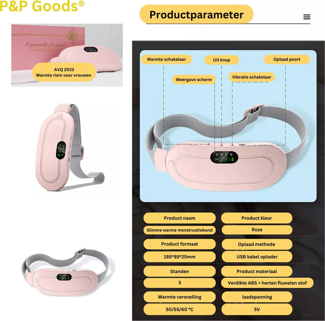 P&amp;P Goods Beautycare – Menstruationswärmeband – Effektive Schmerzlinderung – 3 Wärmeeinstellungen – Heizband – Neueste Vibrationstechnologie – Pro-Version – Verpackung beschädigt