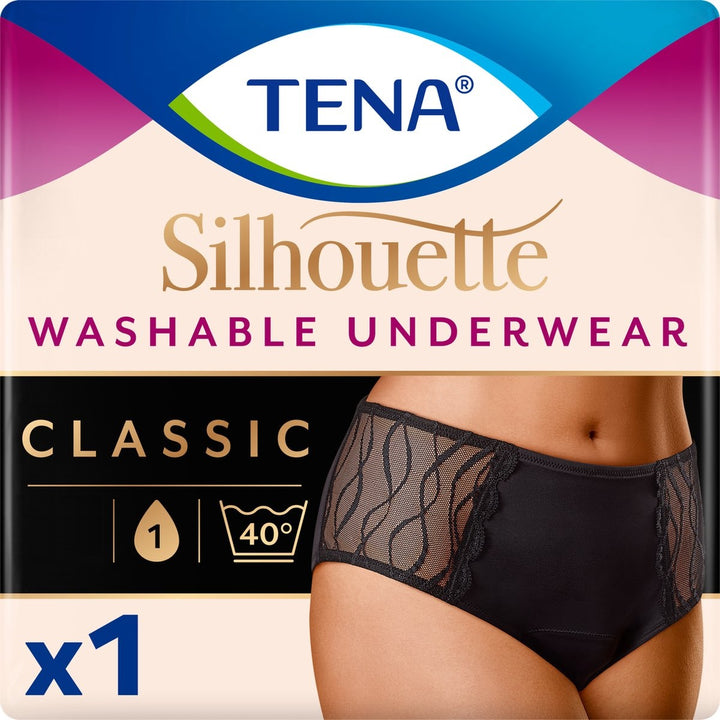 TENA Silhouette Noir – Classic – waschbare, saugfähige Unterwäsche Größe M – Inkontinenz – Verpackung beschädigt