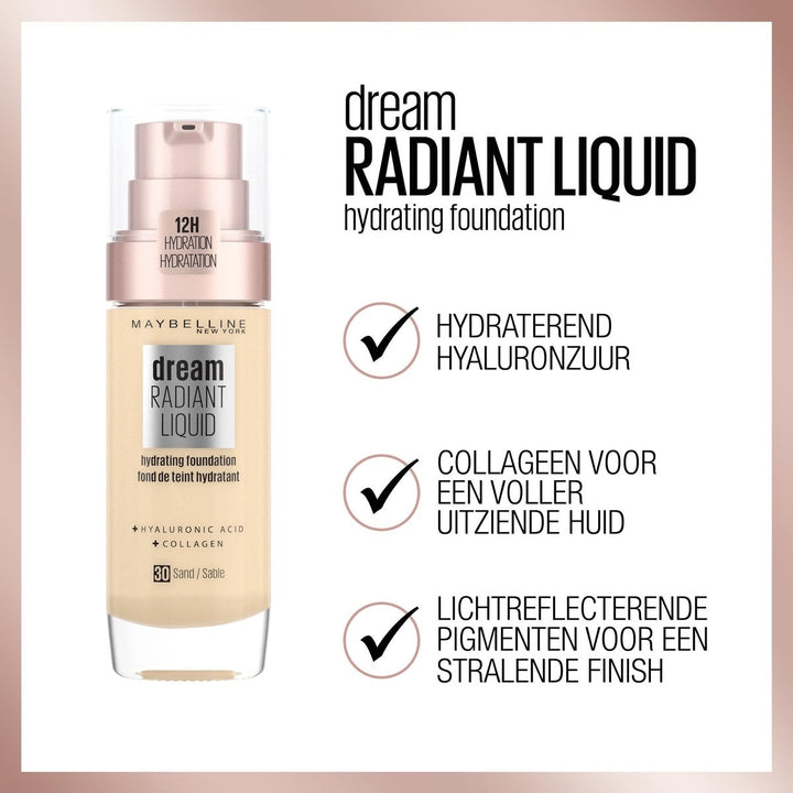 Maybelline Dream Radiant Liquid - 3.7 Vanilla - Foundation Geschikt voor de Droge Huid met Hyaluronzuur - 30 ml