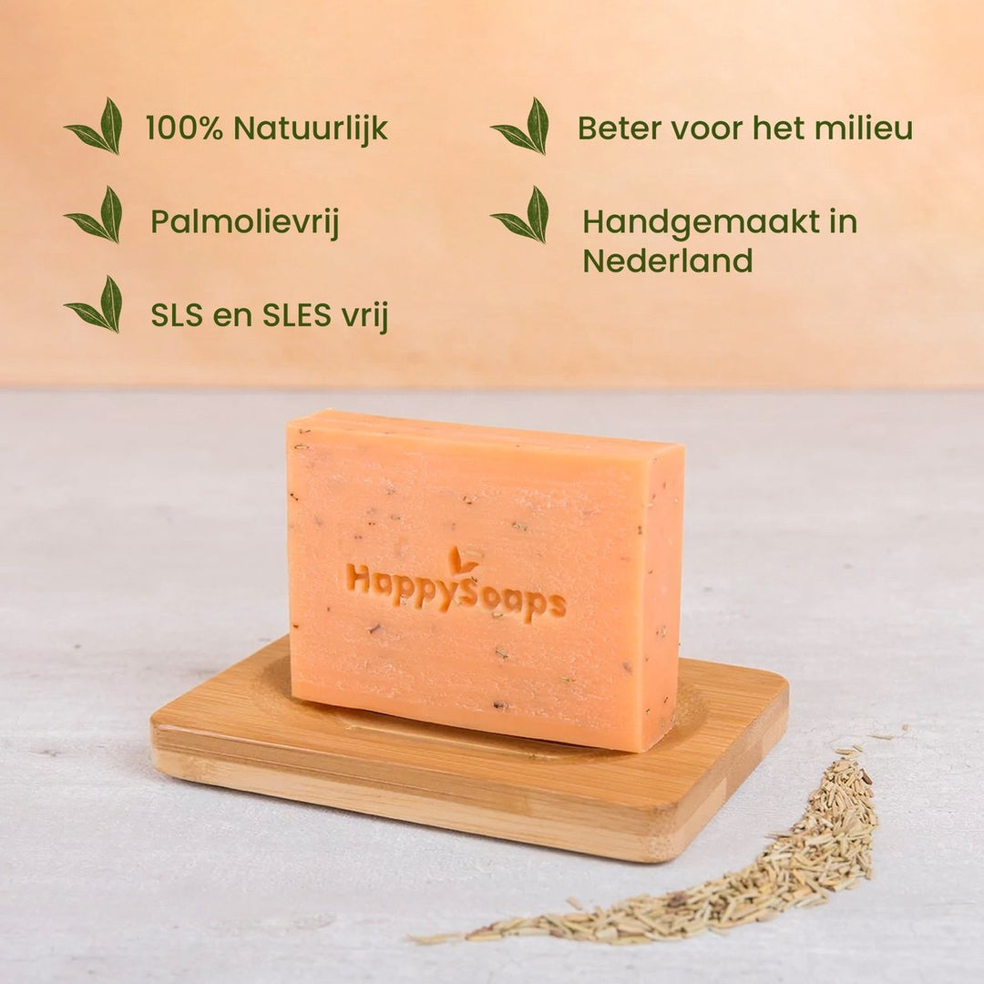 HappySoaps Körperwaschseife – Arganöl und Rosmarin – würzig und intensiv duftend – 100 % plastikfrei, vegan und tierfreundlich – 100 g