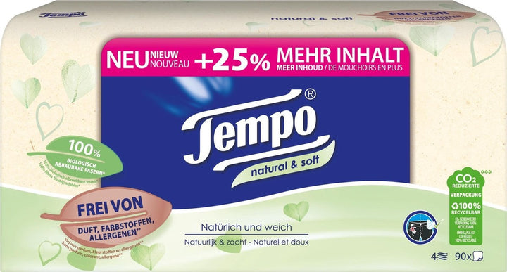 Tempo Natural & Soft - Tissuebox - 90 tissues - Verpakking beschadigd