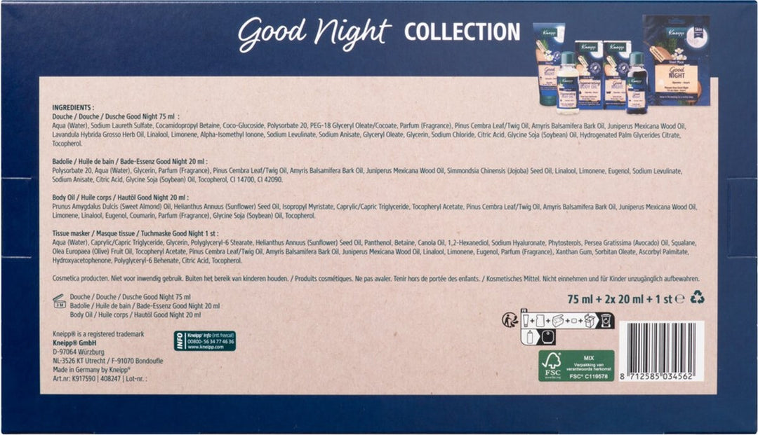 Kneipp Good Night - Gift set - Swiss pine and Amyris - Vegan - Contents: 75 ml + 2x 20 ml and 1 sheet mask - Packaging damaged