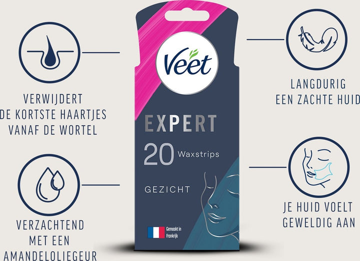 Veet Expert Ontharingsstrips - Gezicht - Gevoelige huid - 20 stuks - Verpakking beschadigd