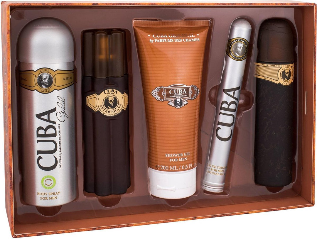 Cuba Gold Gift Set 100 ml Eau De Toilette Spray + 100 ml After Shave Spray + 200 ml Body Deodorant Spray + 200 ml Shower Gel + 35 ml EDT Spray - Verpakking beschadigd