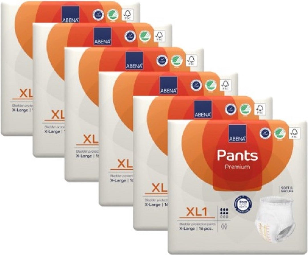 Abena Pants Premium XL1 - 96x Absorbent Panties, to be worn as normal underwear - For the loss of large amounts of urine and (thin) stool - Hip circumference 130-170 cm - Absorption 1400 ml - Packaging damaged