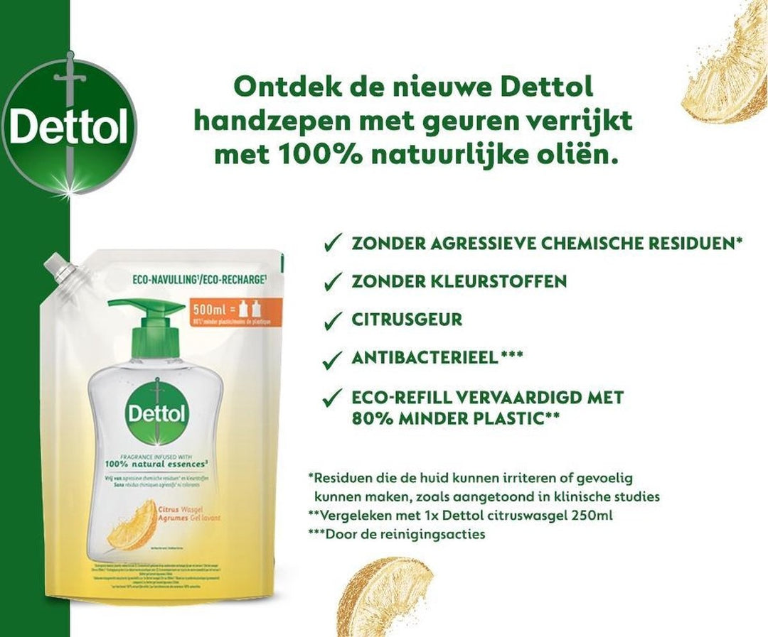 Dettol Handzeep Navulling - Citrusgeur verrijkt met 100% natuurlijke oliën - 500ml