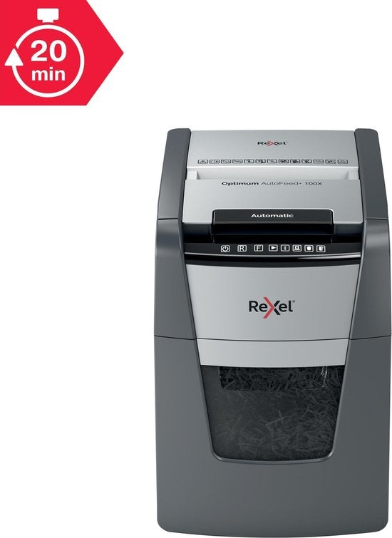 Rexel Optimum AutoFeed+ 100X Whisper-Quiet Paper Shredder with Anti-Jam Technology for Home Office - P-4 Cross-cut - Feeds up to 100 Sheets - Shreds Documents, Staples, Paper Clips, Credit Cards - 34 Litre Waste Bin - Black