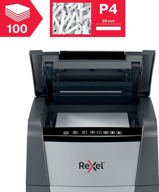 Rexel Optimum AutoFeed+ 100X Fluisterstille Papierversnipperaar met Anti-Vastloop Technologie voor Thuiswerkplek - P-4 Snippers - Invoer tot 100 Vellen - Vernietigt Documenten, Nietjes, Paperclips, Creditcards - Opvangbak Van 34 Liter - Zwart