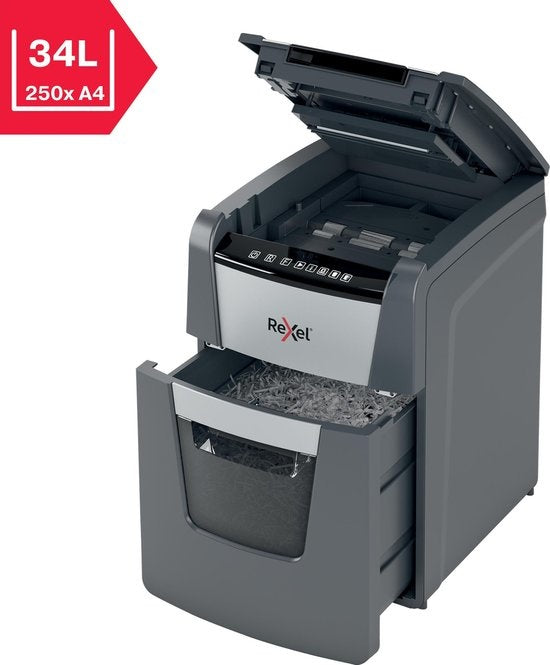 Rexel Optimum AutoFeed+ 100X Whisper-Quiet Paper Shredder with Anti-Jam Technology for Home Office - P-4 Cross-cut - Feeds up to 100 Sheets - Shreds Documents, Staples, Paper Clips, Credit Cards - 34 Litre Waste Bin - Black