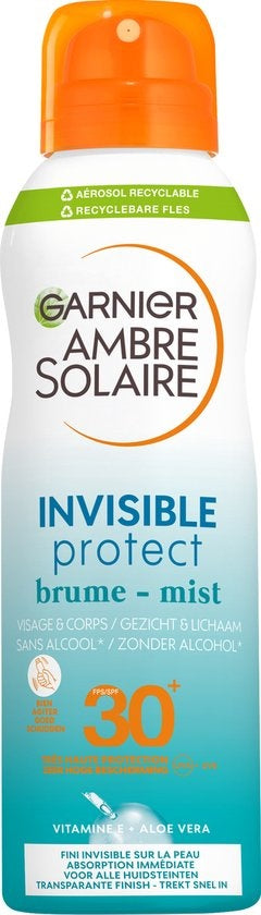 Garnier Ambre Solaire Invisible Protect Mist SPF 30 - Sunscreen spray with Vitamin E + Aloe Vera - 200ml - cap damaged