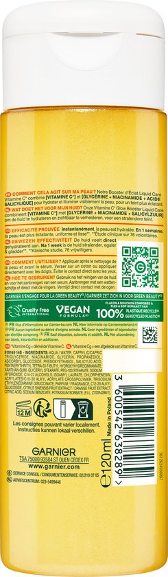 Garnier Vitamin C* Glow Booster Liquid Care - With 10% [Glycerine, Niacinamide, Vitamin C* and Salicylic Acid] - 120 ml