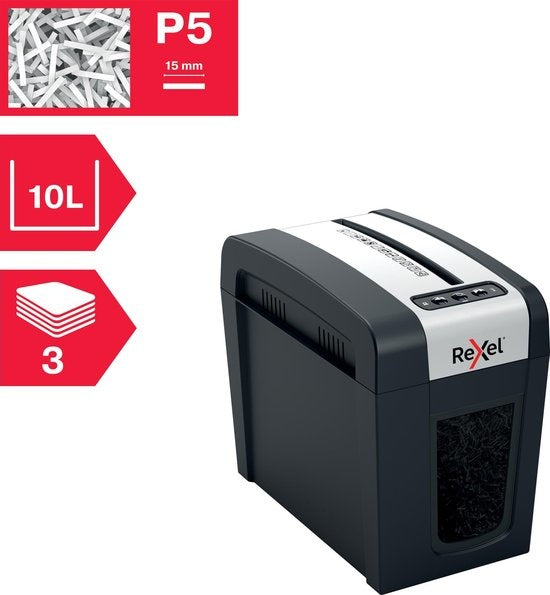 Rexel Secure MC3-SL Fluisterstille Papierversnipperaar voor Thuis/Thuiswerken - P- 5 Microsnippers - Invoer tot 3 A4-Vellen - Vernietigt Documenten, Nietjes En Paperclips - Opvangbak Van 10 Liter - Zwart