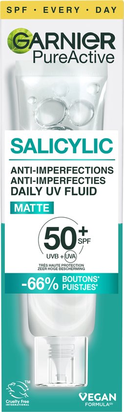 Garnier PureActive Salicylic Anti-Perfecties Daily UV Fluid SPF 50+ - Lichtgewicht & Matteert - Vermindert zichtbaarheid van imperfecties - 40ml
