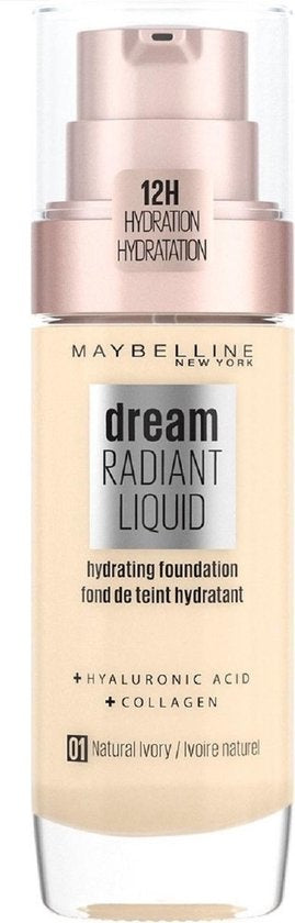 Maybelline Dream Radiant Liquid - 1 Natural Ivory - Foundation Suitable for Dry Skin with Hyaluronic Acid - 30 ml