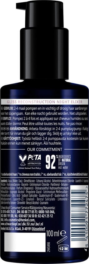 Gliss Night Elixer Overnight Reconstruction - Haarverzorging - Haarserum - Nacht Elixir - Zacht en Veerkrachtig - Verzegelt Gespleten Punten - Beschadigd Haar - 100 ml