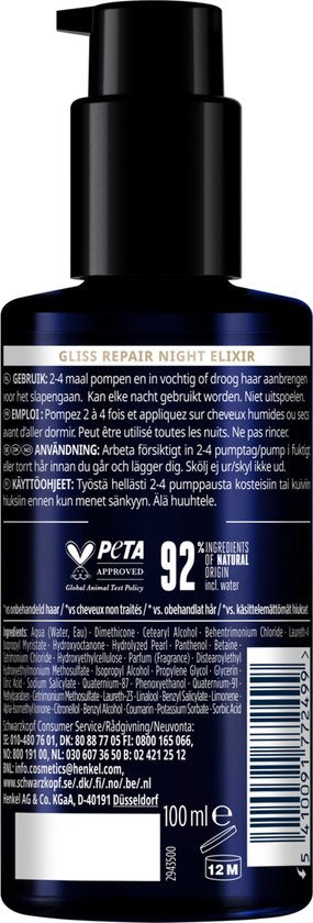 Gliss Night Elixer Overnight Repair - Haarverzorging - Haarserum - Nacht Elixir - Zacht en Hersteld - Haarregeneratie - Beschadigd Haar - 100 ml