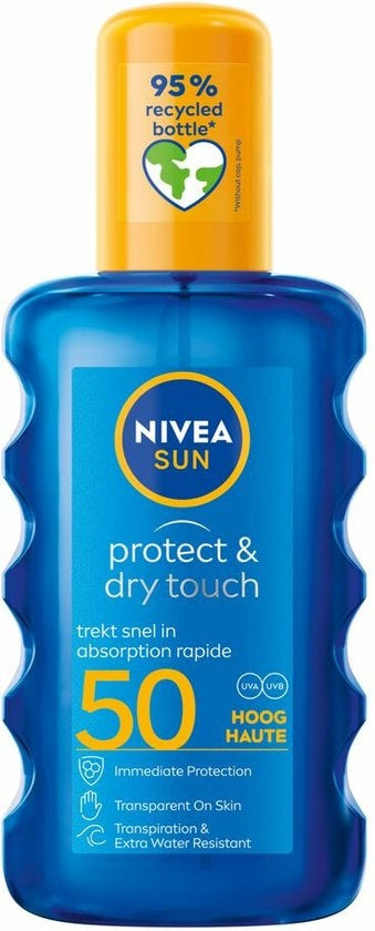 NIVEA SUN Protect & Dry Touch Transparante Zonnebrand Spray - SPF 50 - Trekt snel in - Waterbestendig - 200 ml - Dopje ontbreekt.