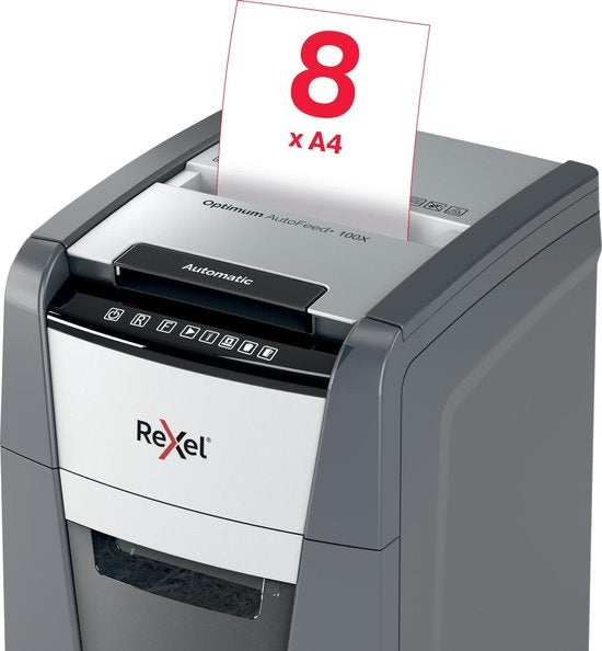 Rexel Optimum AutoFeed+ 100X Fluisterstille Papierversnipperaar met Anti-Vastloop Technologie voor Thuiswerkplek - P-4 Snippers - Invoer tot 100 Vellen - Vernietigt Documenten, Nietjes, Paperclips, Creditcards - Opvangbak Van 34 Liter - Zwart