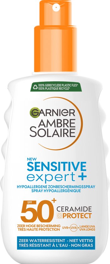 Garnier Ambre Solaire Sensitive Expert Hypoallergenes Sonnenschutzspray LSF 50+ – Ceramide Protect – 150 ml – Beschädigte Verpackung/keine Kappe