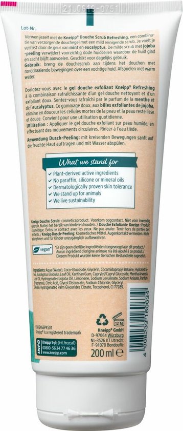 Kneipp Refreshing - Douche scrub - Body scrub - Frisse geur van Mint en Cucalyptus - Voor alle huidtypen - Vegan - 1 st - 200 ml