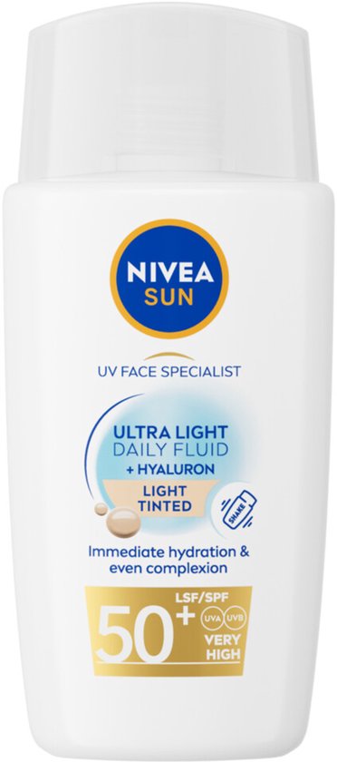 NIVEA SUN UV Face Specialist Ultra Light Daily Fluid Sunscreen Face - Light Tinted Facial Sunscreen - SPF 50+ - 40ML
