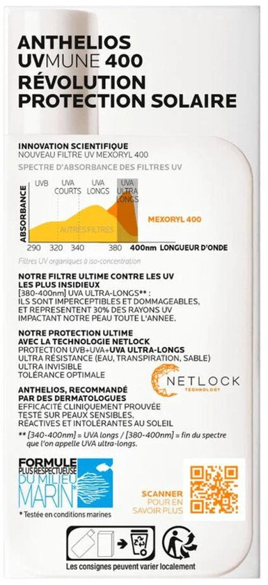 La Roche-Posay Anthelios UVMUNE 400 Onzichtbare Zonnebrand Fluide SPF50+ - Zeer Hoge Bescherming - Alle Huidtypes - 50 ml