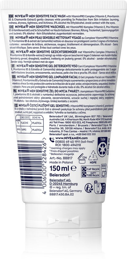 NIVEA MEN Sensitive Face Wash XXL - Reinigingsgel Gezicht - Face Wash - Gezichtsreinigingsmiddel - Cleanser - Gevoelige huid - 150ml