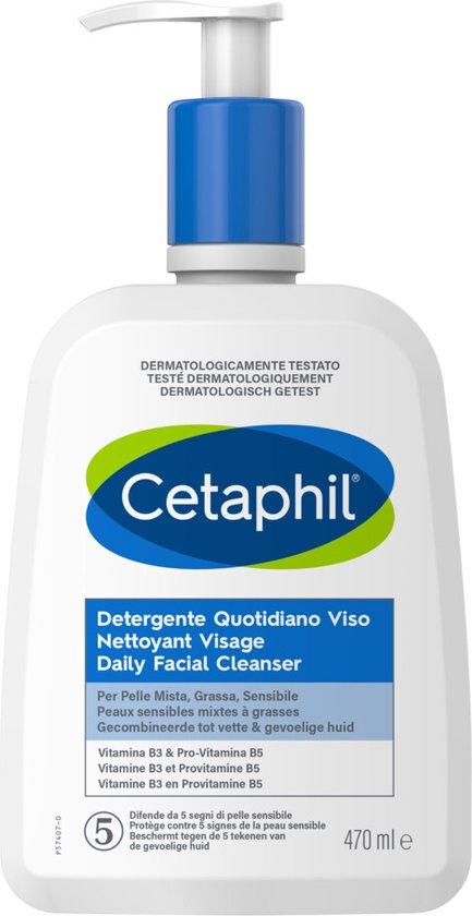 Cetaphil Daily Facial Cleanser - voor de gecombineerde & vette huid - Diep Reinigende Cleanser with Niacinamide and Panthenol - Gezicht - 470ml , Beschadigde verpakking, pomp kapot