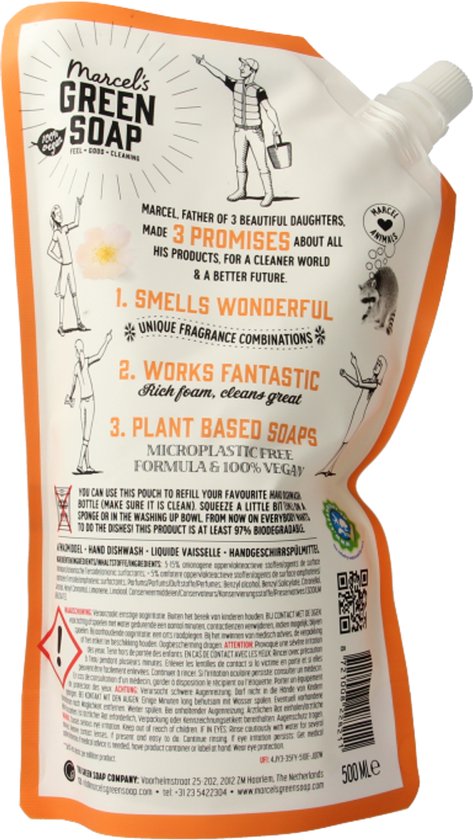 Marcel's Green Soap Afwasmiddel sinaasappel & jasmijn navulling 500 ML