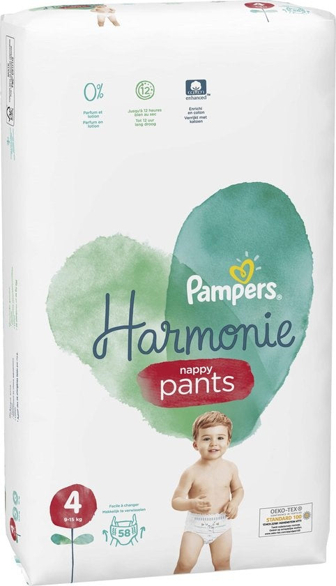 Pampers Harmonie / Pure Windelhosen, Größe 4 (9–15 kg), 58 Windelhosen – Verpackung beschädigt