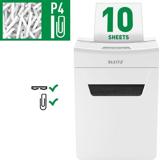 Leitz IQ Premium Protect 10X Ultraleiser P-4 Aktenvernichter P-4 Aktenvernichter für Zuhause/Heimarbeitsplatz – Eingabe von bis zu 10 Blatt – 18-Liter-Behälter – Weiß