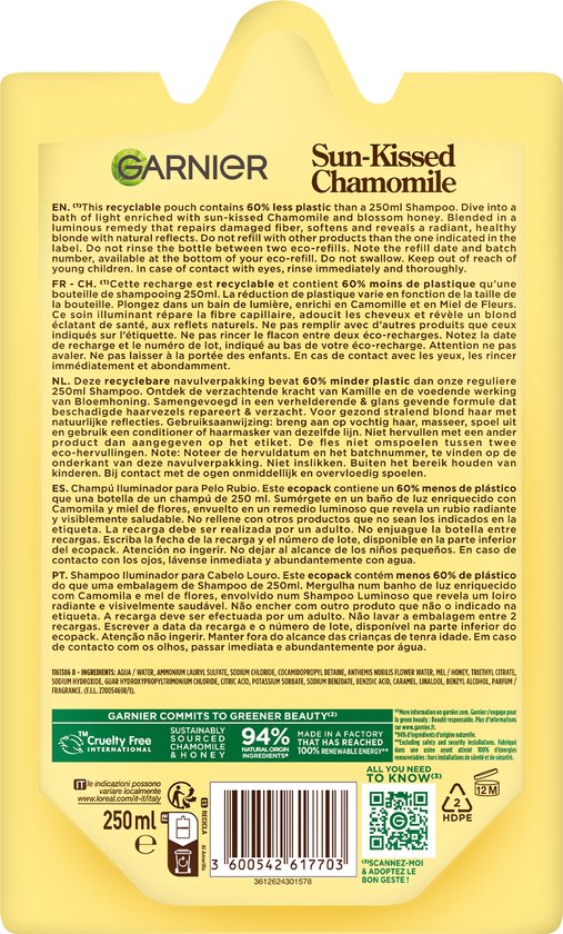 Garnier Loving Blends Chamomile &amp; Flower Honey Shampoo Refill - Blonde Hair &amp; Highlights - Brightening &amp; Shiny - Refillable - Refillable - 250ml