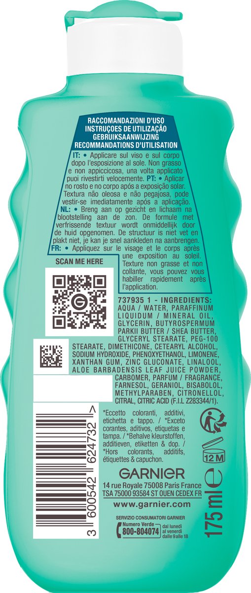 Garnier Ambre Solaire Beruhigende After-Sun-Milch mit Aloe Vera – Geeignet für Gesicht und Körper – 175 ml – Kappe beschädigt
