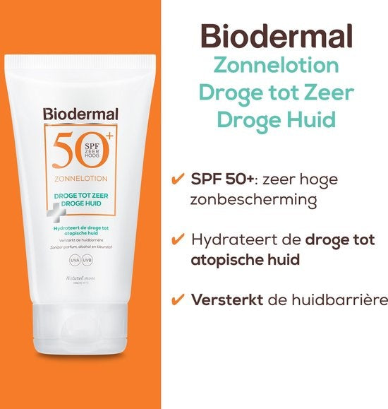 Biodermal Zonnelotion Droge Huid - zonnebrand voor de droge huid - Spf50+ 150ml - ook geschikt voor kinderen - Verpakking beschadigd