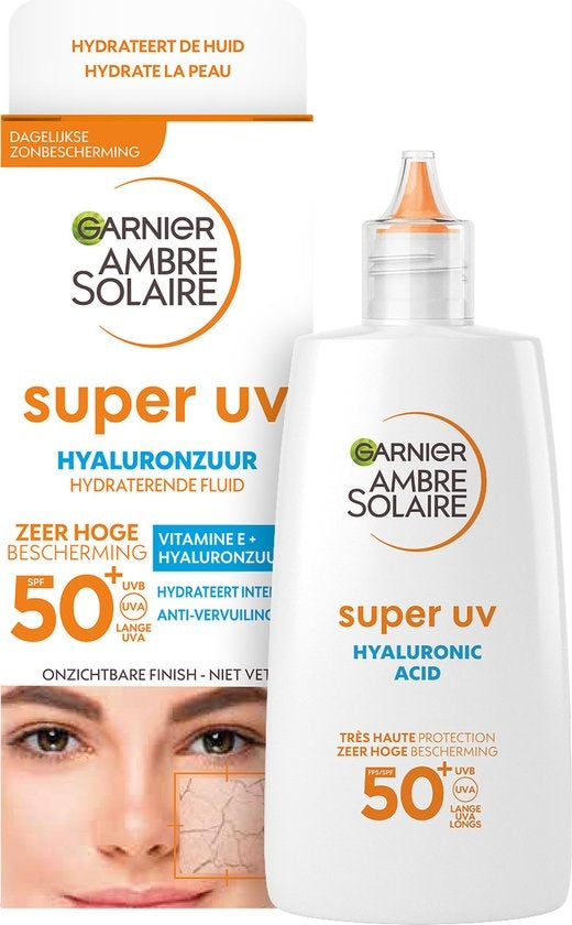 Garnier Ambre Solaire Super UV Hyaluronic Acid Hydrating Fluid SPF50+ - Hydrates and protects against UVB, UVA and long UVA rays - 40 ML - without box