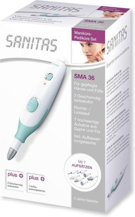 Sanitas SMA 36 Electric nail file - Nail drill - Electric Manicure and Pedicure set - 7 Attachments - Storage bag - 2 Settings - Left and right rotation - 2 year warranty - White/green - Packaging damaged