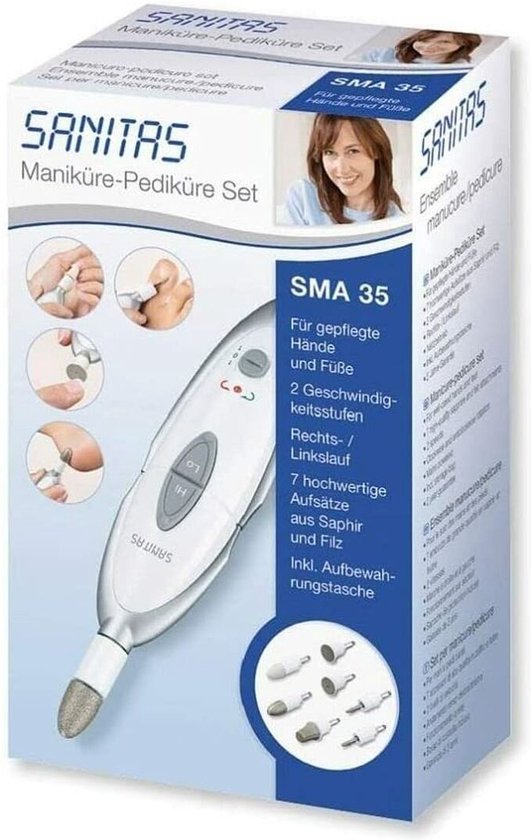 Sanitas SMA 35 Elektrische nagelvijl - Nagelfrees - Elektrische Manicure en Pedicure set - 7 Opzetstukken – Opbergtas – Beschermkap - 2 Standen – Links- en rechts draaiend - Wit/zilver - Verpakking beschadigd