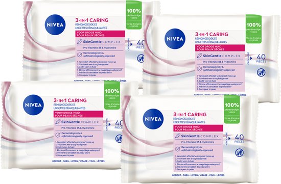 NIVEA Essentials Reiniginsdoekjes voor de droge en gevoelige huid - Make-Up Remover - Voordeelverpakking - 4x 40 stuks