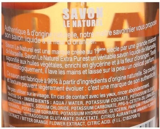 Savon Le Naturel – Flüssige natürliche Handseife – Orangenblüte – 500 ml – Pumpe beschädigt