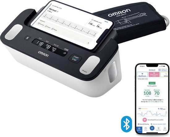 OMRON COMPLETE – Smart Blood Pressure Monitor Upper Arm – Recommended by the Dutch Heart Foundation - ECG Monitor - Clinically Validated - with Mobile App – XL Screen Display - 22 to 42 cm Cuff