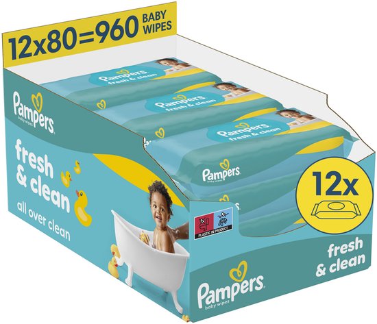 Pampers Fresh Clean Feuchttücher – 12 Packungen à 80 Tücher = 960 Feuchttücher