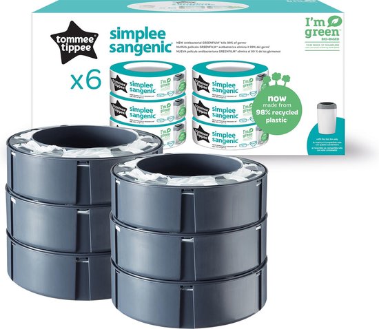 Tommee Tippee Simplee Sangenic Nappy Bin Refills, Sustainably Produced Antibacterial GREENFILM, Pack of 6